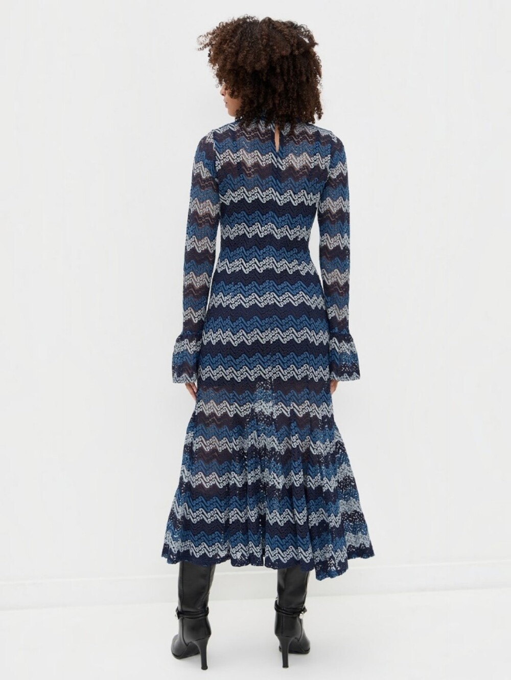 En Saison Lorrae Navy Tonal Zigzag/Chevron Pattern Lace Midi Dress, M, Boho Fall - Picture 2 of 16